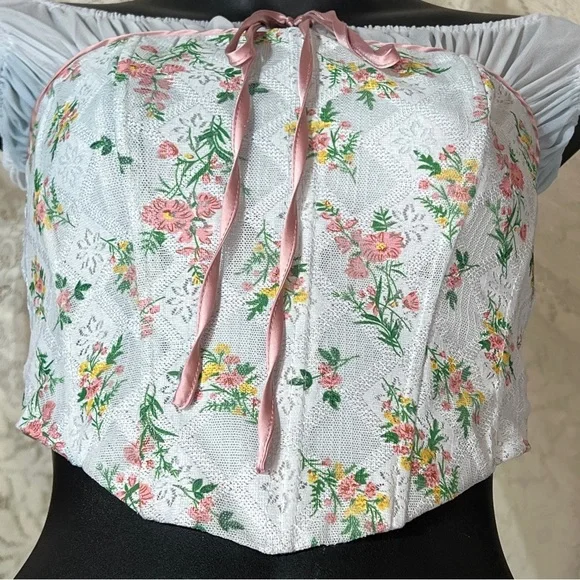 Fashion Nova Corset Top Extra Small XS White Pink Floral Boho Coquette Feminine - Picture 7 of 14